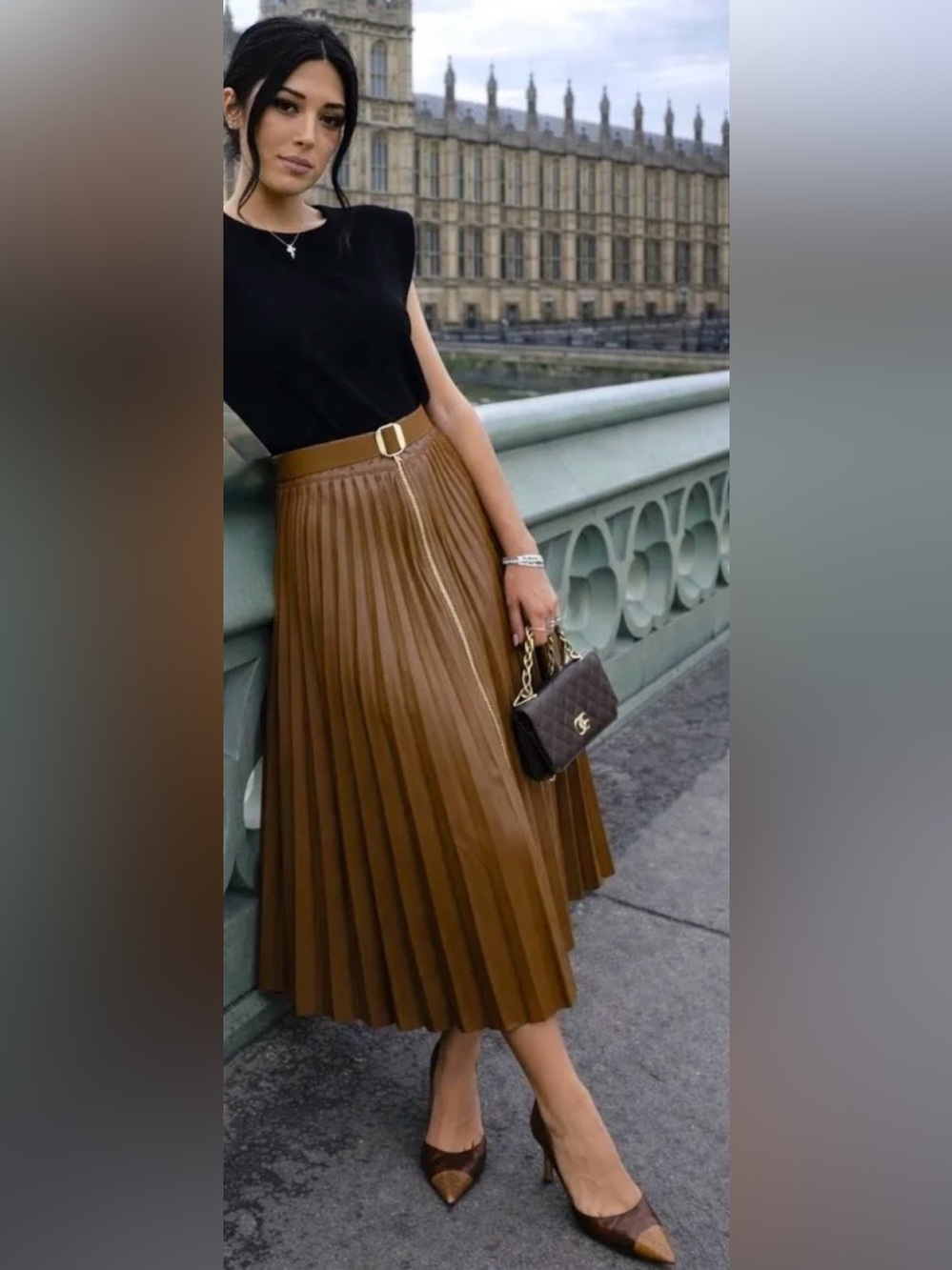 Zara Belted Faux Leather Pleated Midi Skirt Whiskey Size S
